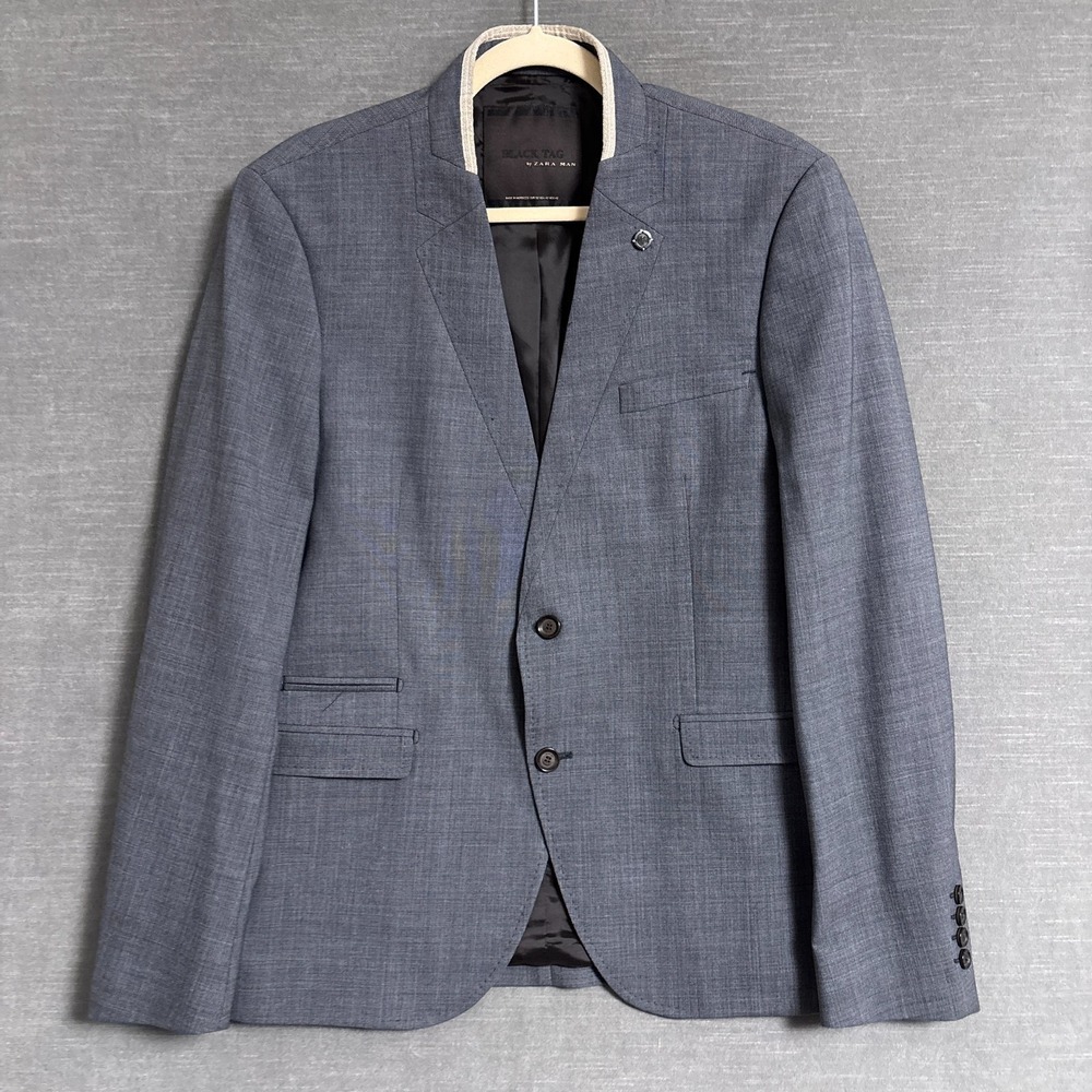 Zara Man Sport Coat 42L Slim Fit Gray Cotton Wool Stretch Blazer Jacket Modern